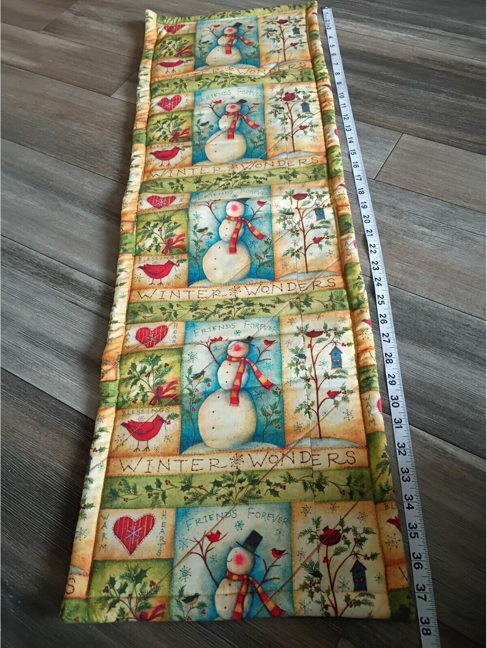 Vintage-2 Sided-1980s Handmade Christmas Winter Runner Snowman Cookies Skates